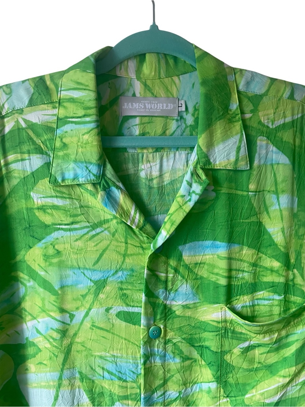Jams World Men's Retro Aloha Shirt in Seagrass Green Blue Large - Picture 3 of 10